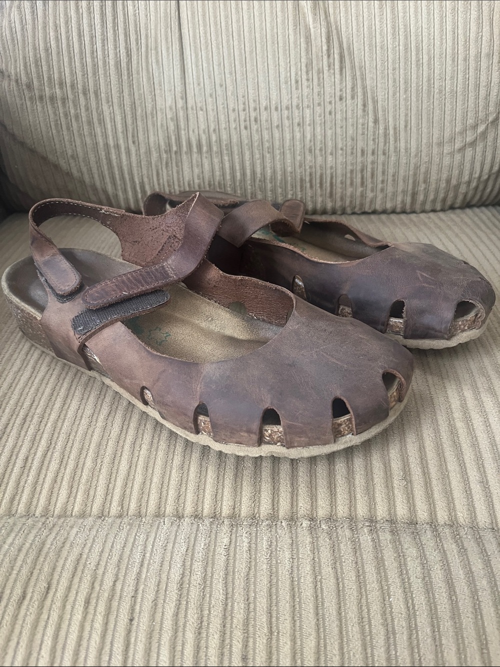 Brown Leather “ Bionatura” Closed-Toe Sandal with Straps